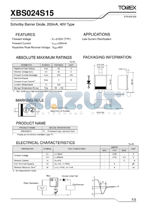 XBS024S15 datasheet - Schottky Barrier Diode, 200mA, 40V Type