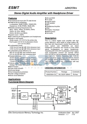 AD82550A-CG datasheet - Stereo Digital Audio Amplifier with Headphone Driver