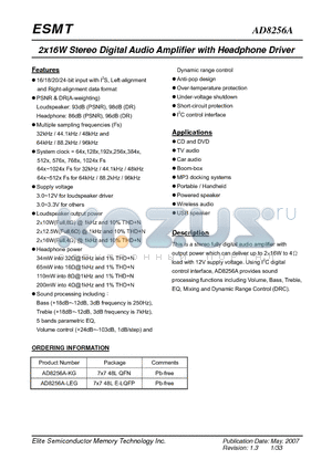 AD8256A-LEG datasheet - 2x16W Stereo Digital Audio Amplifier with Headphone Driver