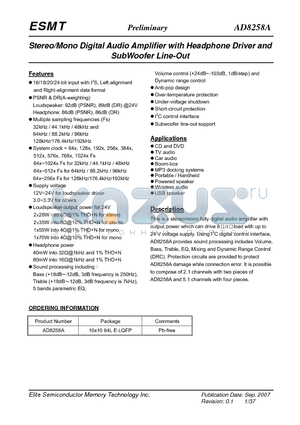 AD8258A datasheet - Stereo/Mono Digital Audio Amplifier with Headphone Driver and SubWoofer Line-Out