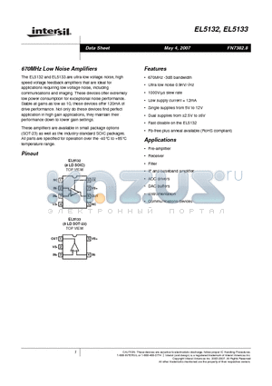 EL5132ISZ-T13 datasheet - 670MHz Low Noise Amplifiers