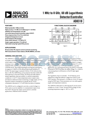 AD8318 datasheet - 1 MHz to 8 GHz, 60 dB Logarithmic Detector/Controller