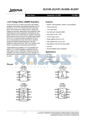 EL5157 datasheet - <1mV Voltage Offset, 600MHz Amplifiers