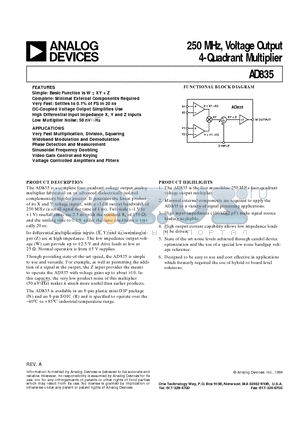 AD835AN datasheet - 250 MHz, Voltage Output 4-Quadrant Multiplier