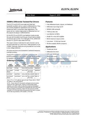 EL5174 datasheet - 550MHz Differential Twisted-Pair Drivers