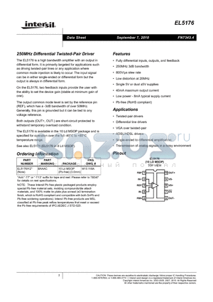 EL5176 datasheet - 250MHz Differential Twisted-Pair Driver