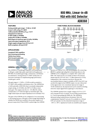AD8368 datasheet - 800 MHz, Linear-in-dB VGA with AGC Detector