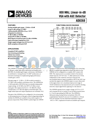 AD8368ACPZ-WP datasheet - 800 MHz, Linear-in-dB VGA with AGC Detector