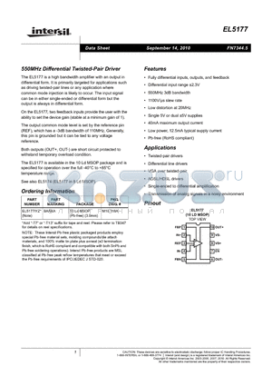 EL5177IYZ datasheet - 550MHz Differential Twisted-Pair Driver