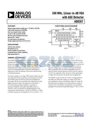 AD8367 datasheet - 500 MHz, Linear-in-dB VGA with AGC Detector