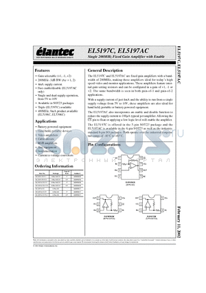 EL5197ACW-T13 datasheet - Single 200MHz Fixed Gain Amplifier with Enable