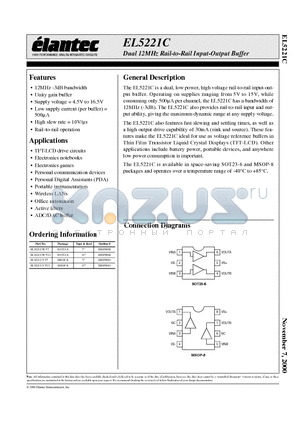 EL5221CY-T13 datasheet - Dual 12MHz Rail-to-Rail Input-Output Buffer