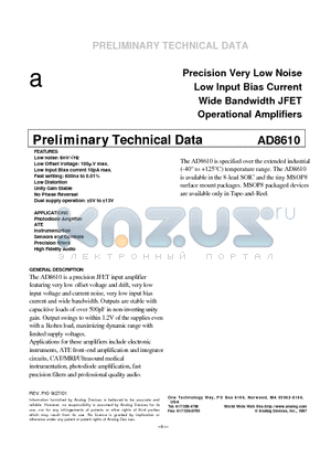 AD8610 datasheet - Precision Very Low Noise Low Input Bias Current Wide Bandwidth JFET Operational Amplifiers