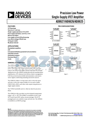 AD8626ARM-R2 datasheet - Precision Low Power Single-Supply JFET Amplifier