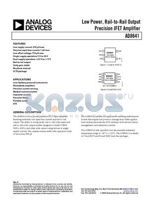 AD8641ARZ1 datasheet - Low Power, Rail-to-Rail Output Precision JFET Amplifier
