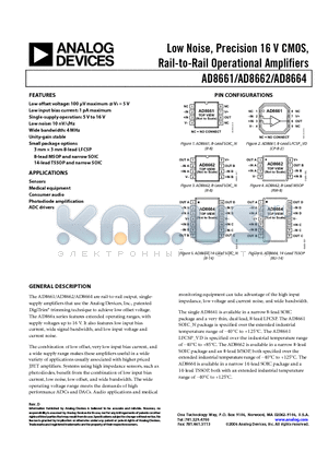 AD8662ARMZ-R2 datasheet - Low Noise, Precision 16 V CMOS, Rail-to-Rail Operational Amplifiers
