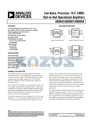AD8669ARZ-REEL datasheet - Low Noise, Precision, 16 V, CMOS, Rail-to-Rail Operational Amplifiers