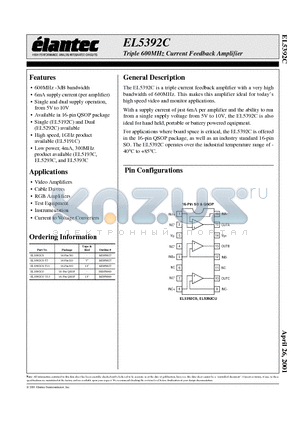 EL5392CS-T13 datasheet - Triple 600MHz Current Feedback Amplifier