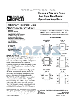 AD8671 datasheet - Precision Very Low Noise Low Input Bias Current Operational Amplifiers