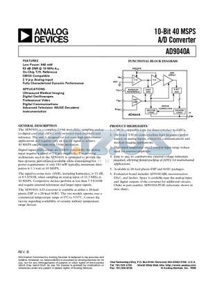 AD9040A/PCB datasheet - 10-Bit 40 MSPS A/D Converter
