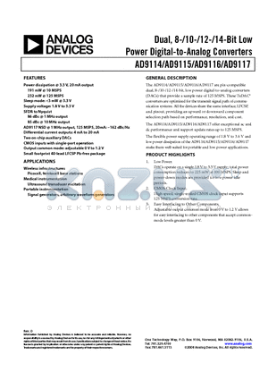 AD9115BCPZRL7 datasheet - Dual, 8-/10-/12-/14-Bit Low Power Digital-to-Analog Converters