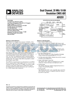 AD9201 datasheet - Dual Channel, 20 MHz 10-Bit Resolution CMOS ADC