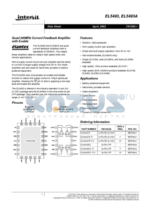 EL5493ACL-T7 datasheet - Quad 300MHz Current Feedback Amplifier with Enable