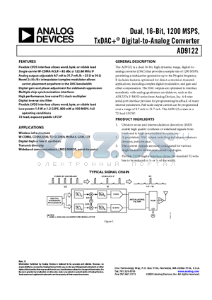 AD9122-M5372-EBZ datasheet - Dual, 16-Bit, 1200 MSPS, TxDAC^ Digital-to-Analog Converter