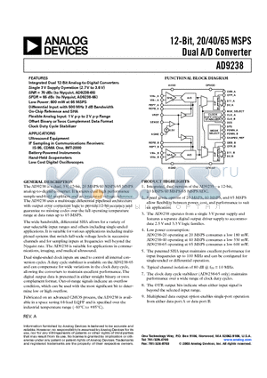 AD9238BSTRL-65 datasheet - 12-Bit, 20/40/65 MSPS Dual A/D Converter
