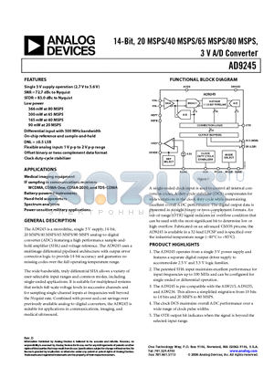 AD9245BCP-65EB datasheet - 14-Bit, 20 MSPS/40 MSPS/65 MSPS/80 MSPS, 3 V A/D Converter