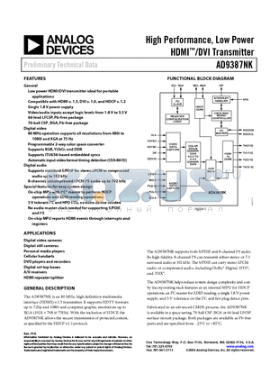 AD9387NKBBCZRL-80 datasheet - High Performance, Low Power HDMI/DVI Transmitter