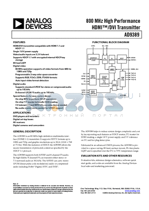 AD9389/PCB datasheet - 800 MHz High Performance HDMI/DVI Transmitter