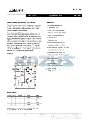 EL7154CSZ-T13 datasheet - High Speed, Monolithic Pin Driver