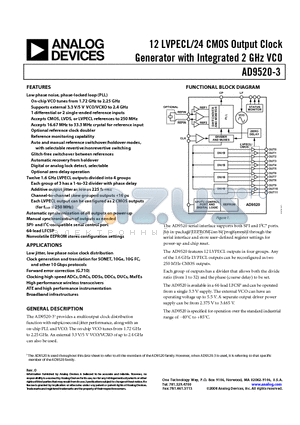 AD9520-3BCPZ datasheet - 12 LVPECL/24 CMOS Output Clock Generator with Integrated 2 GHz VCO