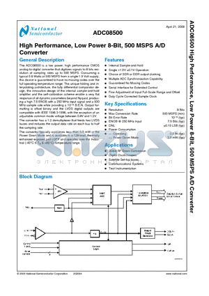 ADC08500 datasheet - High Performance, Low Power 8-Bit, 500 MSPS A/D Converter