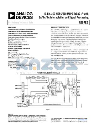 AD9782 datasheet - 12-Bit, 200 MSPS/500 MSPS TxDAC with 2 x /4 x /8 x Interpolation and Signal Processing