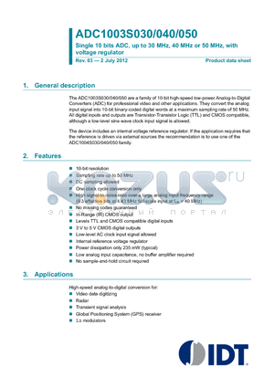 ADC1003S030 datasheet - Single 10 bits ADC, up to 30 MHz, 40 MHz or 50 MHz, with voltage regulator