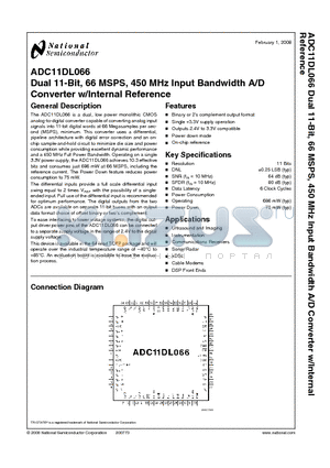 ADC11DL066CIVS datasheet - Dual 11-Bit, 66 MSPS, 450 MHz Input Bandwidth A/D Converter w/Internal Reference