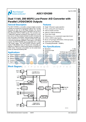 ADC11DV200 datasheet - Dual 11-bit, 200 MSPS Low-Power A/D Converter with Parallel LVDS/CMOS Outputs