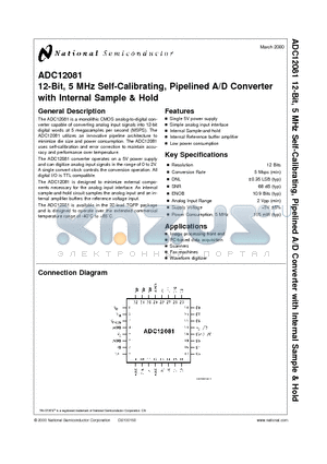 ADC12181EVAL datasheet - 12-Bit, 5 MHz Self-Calibrating, Pipelined A/D Converter