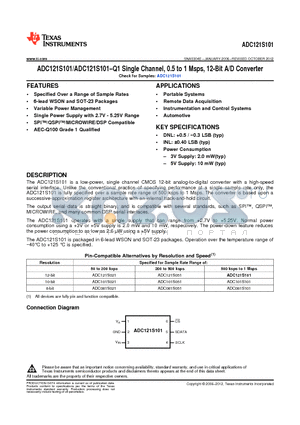 ADC121S101CIMF datasheet - Single Channel, 0.5 to 1 Msps, 12-Bit A/D Converter