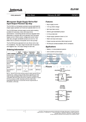EL8188FSZ-T7 datasheet - Micropower Single Supply Rail-to-Rail Input-Output Precision Op Amp
