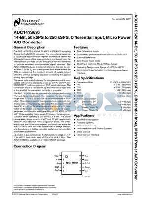 ADC141S626 datasheet - 14-Bit, 50 kSPS to 250 kSPS, Differential Input, Micro Power A/D Converter