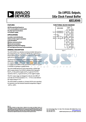 ADCLK946BCPZ datasheet - Six LVPECL Outputs, SiGe Clock Fanout Buffer