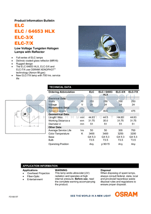 ELC-7/X datasheet - Low Voltage Tungsten Halogen Lamps with Reflector