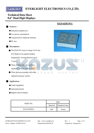 ELD-425GWA datasheet - Technical Data Sheet 0.4 Dual Digit Displays