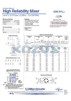 ADE-R1L+ datasheet - High Reliability Mixer Level 3 (LO Power 3 dBm) 2 to 500 MHz