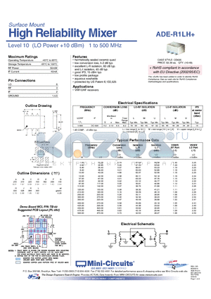 ADE-R1LH+ datasheet - High Reliability Mixer Level 10 (LO Power 10 dBm) 1 to 500 MHz