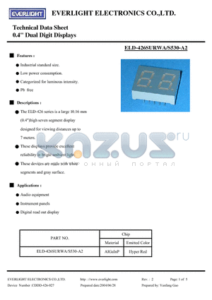 ELD426SURWA/S530-A2 datasheet - Technical Data Sheet 0.4 Dual Digit Displays