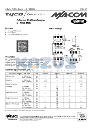 ELDC-17 datasheet - E-Series 75 Ohm Coupler 5 - 1000 MHZ